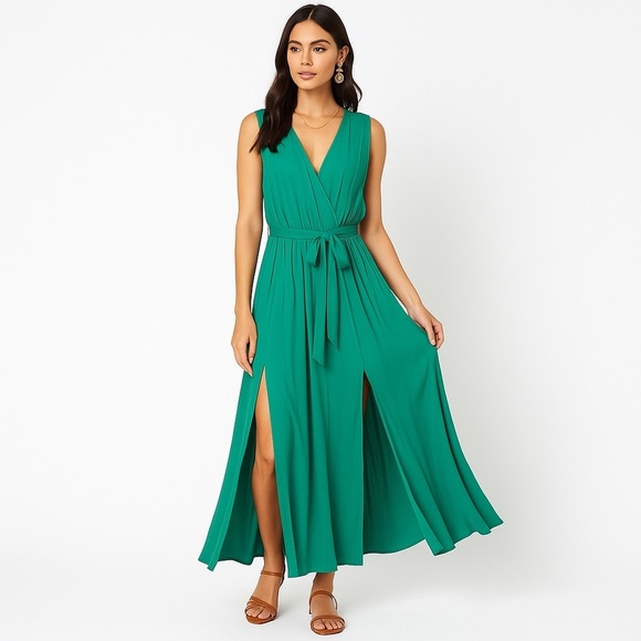 eesome Dresses & Skirts - ee:some Emerald Green Wrap Maxi Dress Sleeveless Slit Womens M Wedding Guest